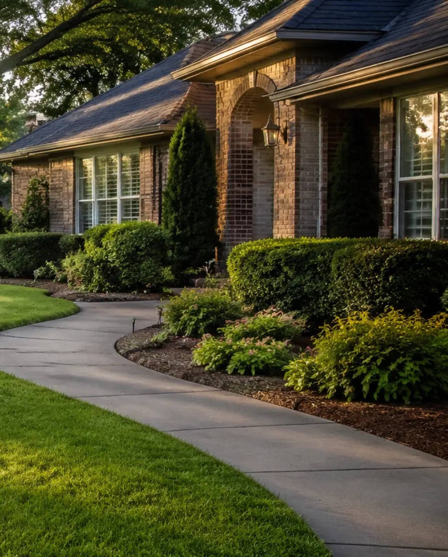 Freshly cut green lawn with clean edging beside a curved walkway
